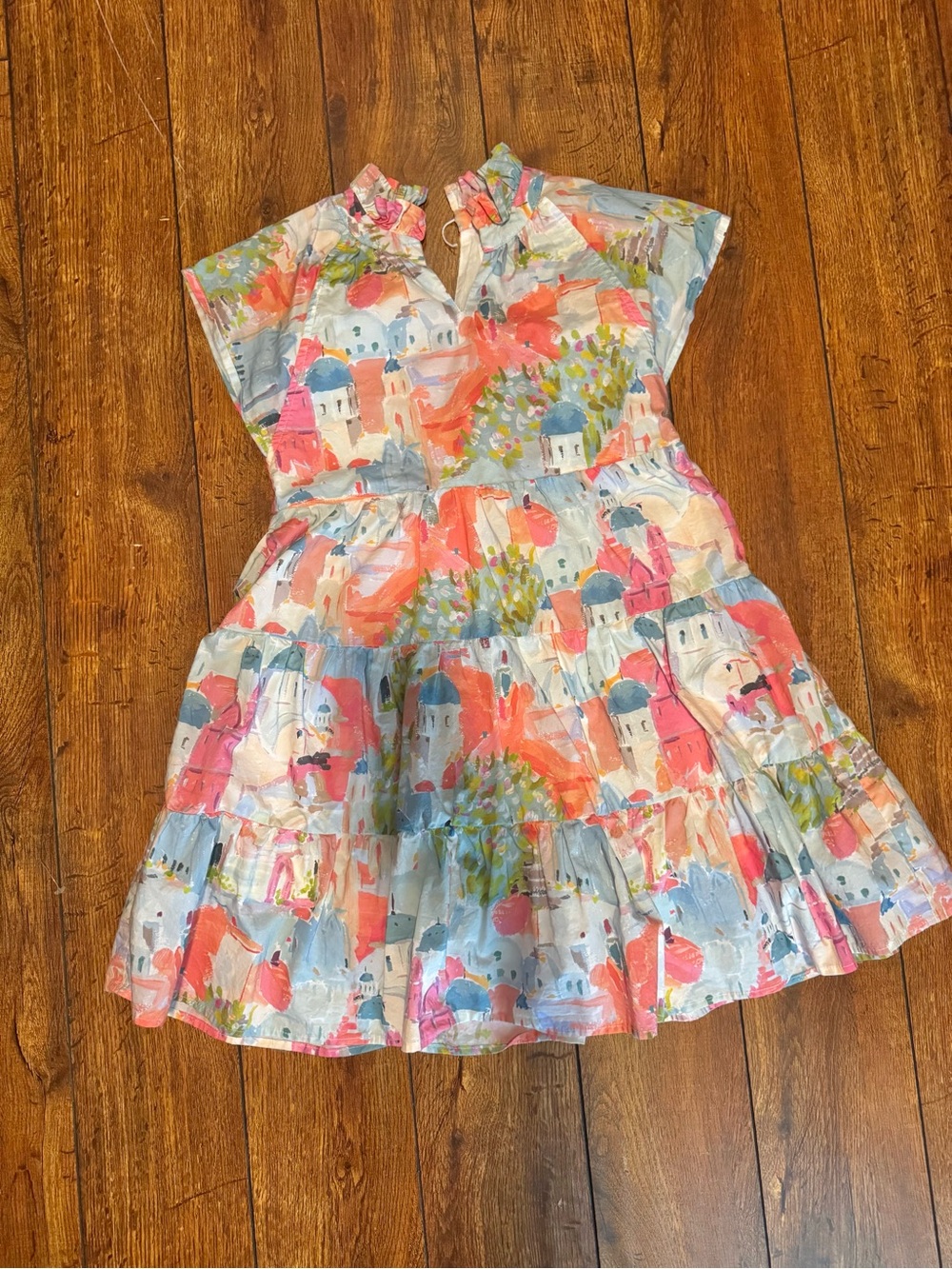 Shop the Mint Girls Watercolor Castle Print Tiered Dress in Coral & Blue